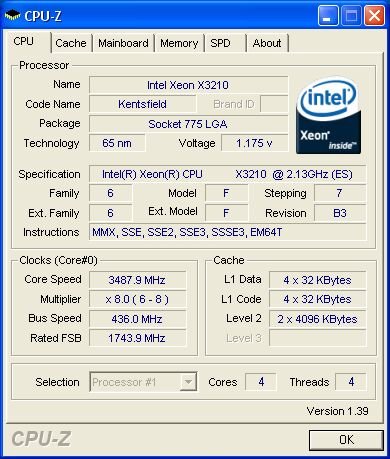 Xeon X3210 auf 3,487 GHz (Quelle: Xtremesystems.org))