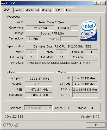 Vailidierter CPU-Z-Screen vom Yorkfield (ID : 224968)