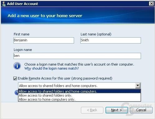 Windows Home Server Neuer Benutzer
