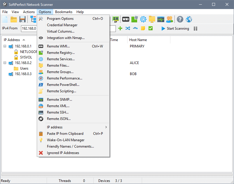 SoftPerfect Network Scanner – Main application window with the Options menu expanded