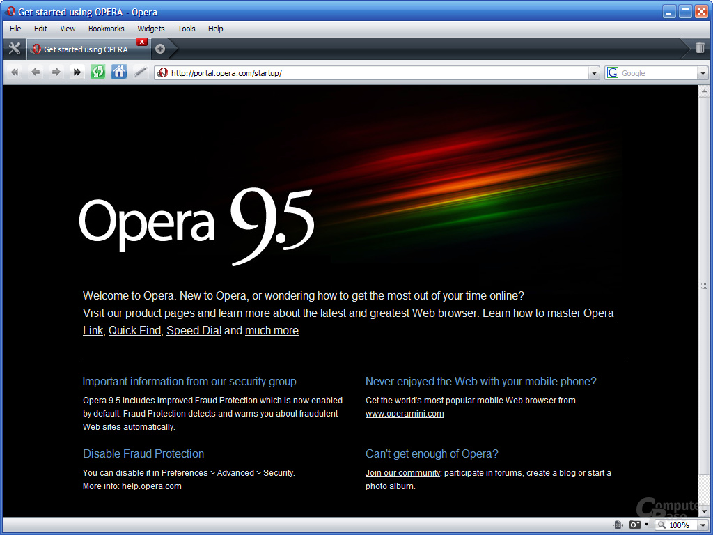 Opera 9.5 – Startseite