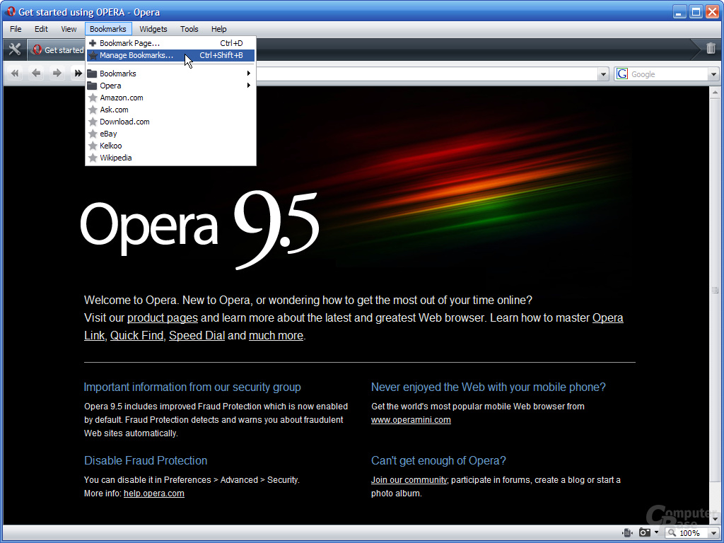 Opera 9.5 – Bookmarks-Menü
