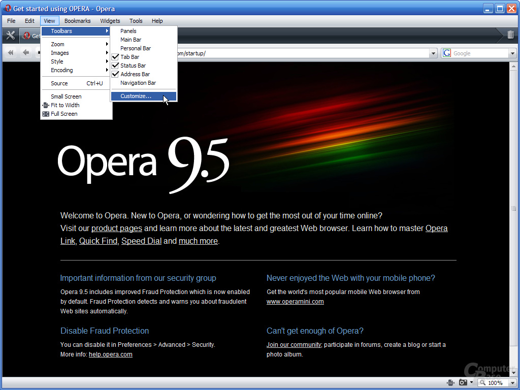 Opera 9.5 – View-Menü