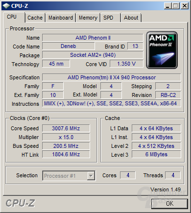 AMD Phenom II X4 940 in den standardisierten Einstellungen