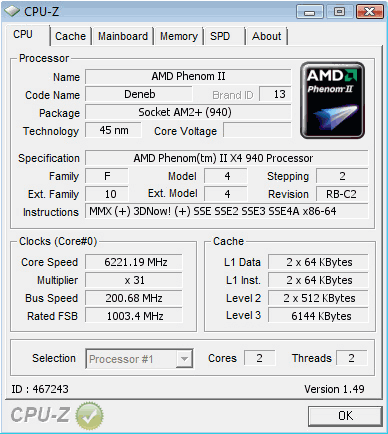 AMD Phenom II X4 940 bei 6,221 GHz