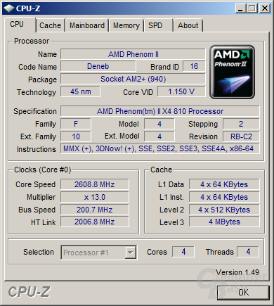 CPU-Z-Screenshot des AMD Phenom II X4 810 mit 4x 2 GByte DDR3-1333
