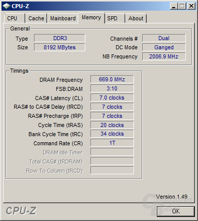 CPU-Z-Screenshot des AMD Phenom II X4 810 mit 4x 2 GByte DDR3-1333