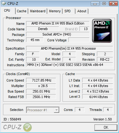 Bestätigtes Ergebnis eines AMD Phenom II X4 955 bei 7,128 GHz