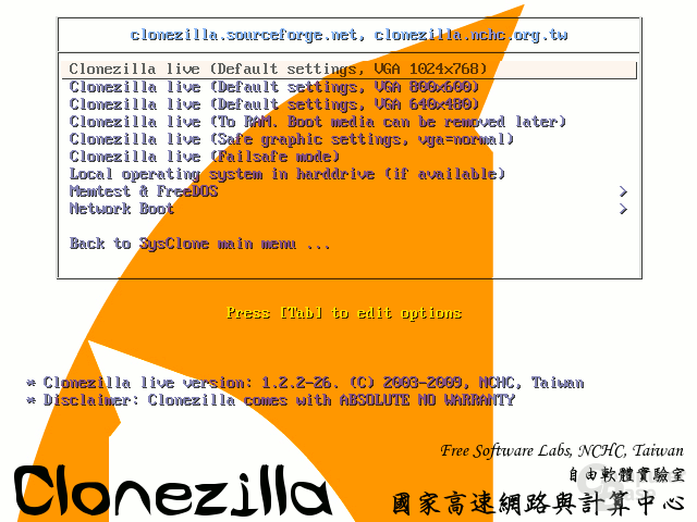 SysClone – Clonezilla-Menü mit Backlink zu SysClone