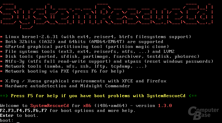 SysClone – Startbildschirm der SystemRescueCd