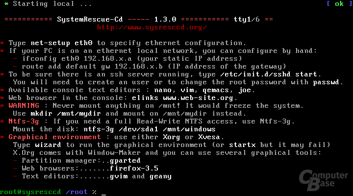 SysClone – SystemRescueCd 1.3.0 Hauptmenü