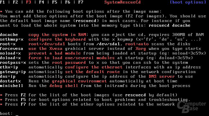 SysClone – SystemRescueCd Bootoptionen