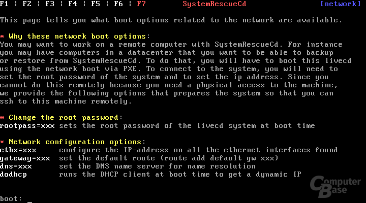 SysClone – SystemRescueCd Netzwerk Bootoptionen
