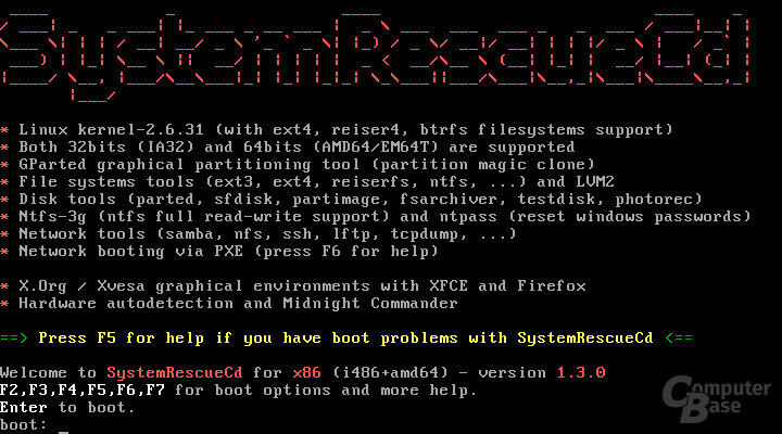 Startbildschirm der SystemRescueCd