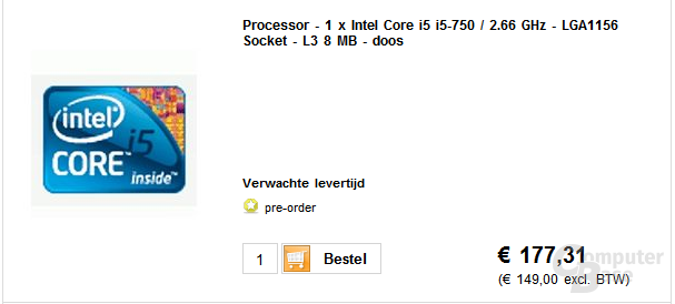 Core i5 750 mit 2,66 GHz bereits für 177 Euro