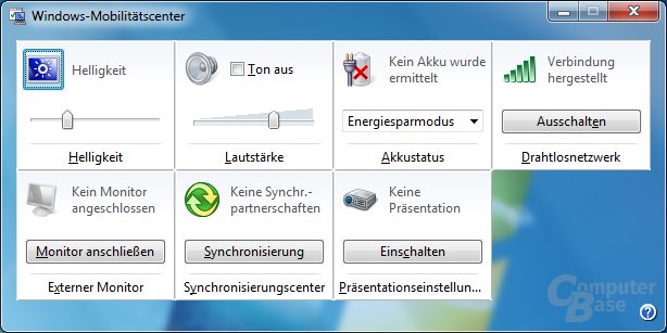 Mobilitätscenter (Windows-Taste+X)