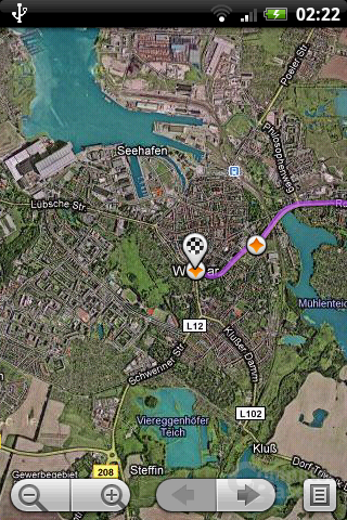 Google Maps unter Android 1.5: Satelliten-Ansicht (Berlin nach Wismar)