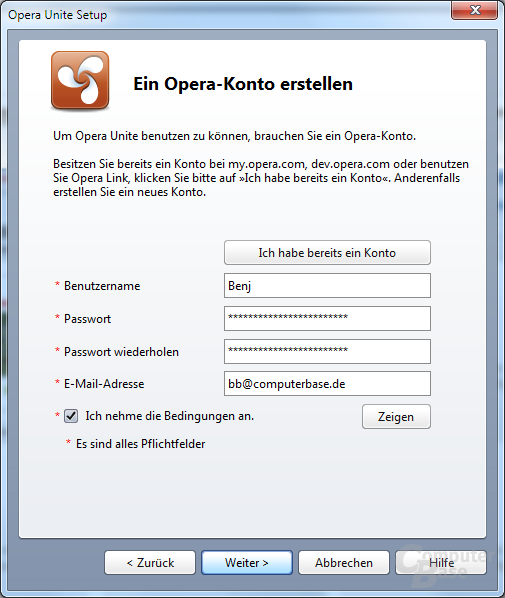Opera Unite – Einrichtung