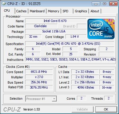 Intel Core i5-670 bei 6,92 GHz