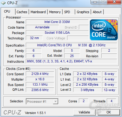 CPU-Z-Informationen zum Toshiba Satellite U505