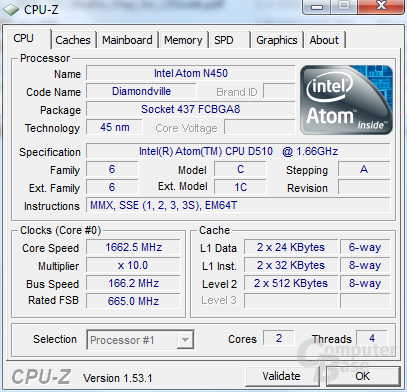 CPU-Z-Informationen des Shuttle-Netbooks
