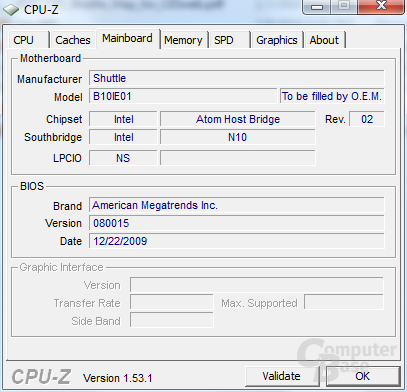 CPU-Z-Informationen des Shuttle-Netbooks