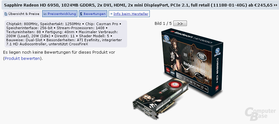Sapphire Radeon HD 6950 mit 1 GB Speicher im Preisvergleich