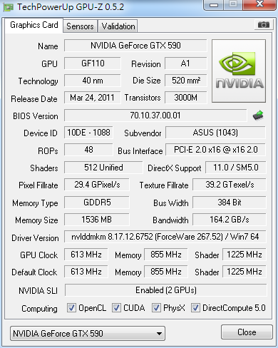 GPU-Z-Screenshot der GTX 590