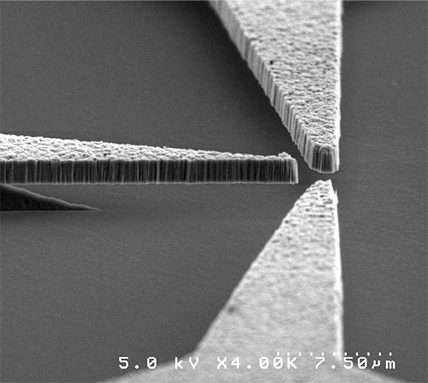 Elektronenmikroskopaufnahme der Komponenten eines Nanodiamant-Bauteils auf einer isolierenden Siliziumdioxidschicht | Quelle: Davidson Lab
