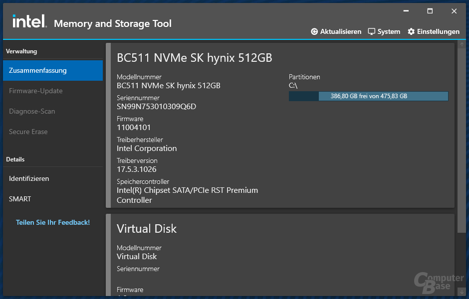 Intel Memory and Storage Tool (GUI) – Oberfläche (Dunkel)