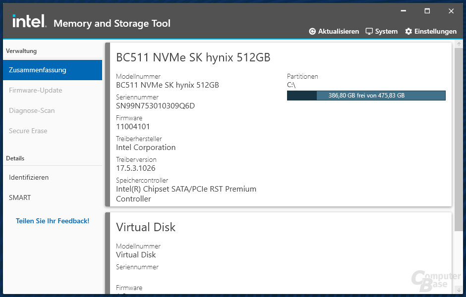 Intel Memory and Storage Tool (GUI) – Oberfläche (Hell)