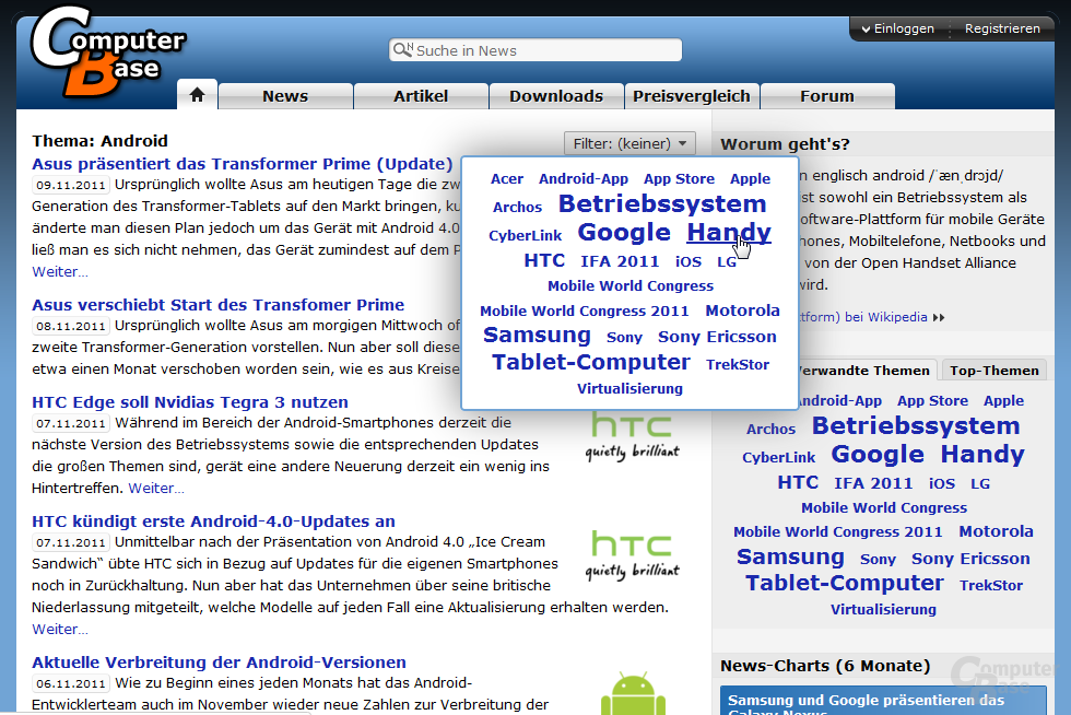 Themenseite „Android“ mit Filter-Menü
