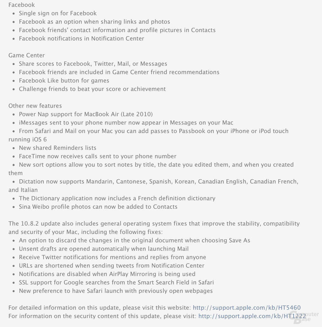 Neuheiten in OS X 10.8.2