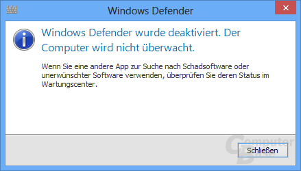 Hinweis von Windows Defender nach Installation einer alternativen Antiviren-Software
