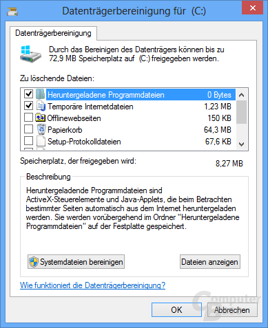 Datenträgerbereinigung in Windows 8
