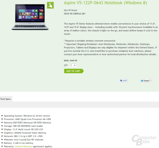 AMD A6-1450 (Temash) im Acer Aspire V5-122P-0643