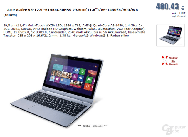 AMD A6-1450 (Temash) im Acer Aspire V5-122P-61454G50NSS