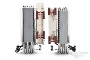 Beide Noctua-Kühler sind mit schmalem Radiator symmetrisch aufgebaut
