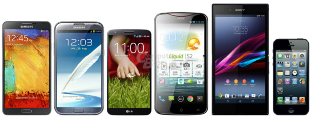 Samsung Galaxy Note 3, Note II, LG G2, Acer Liquid S2, Sony Xperia Z Ultra und Apple iPhone 5 (v.l.n.r.)
