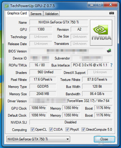GPU-Z-Screenshot zeigt GeForce GTX 750 Ti