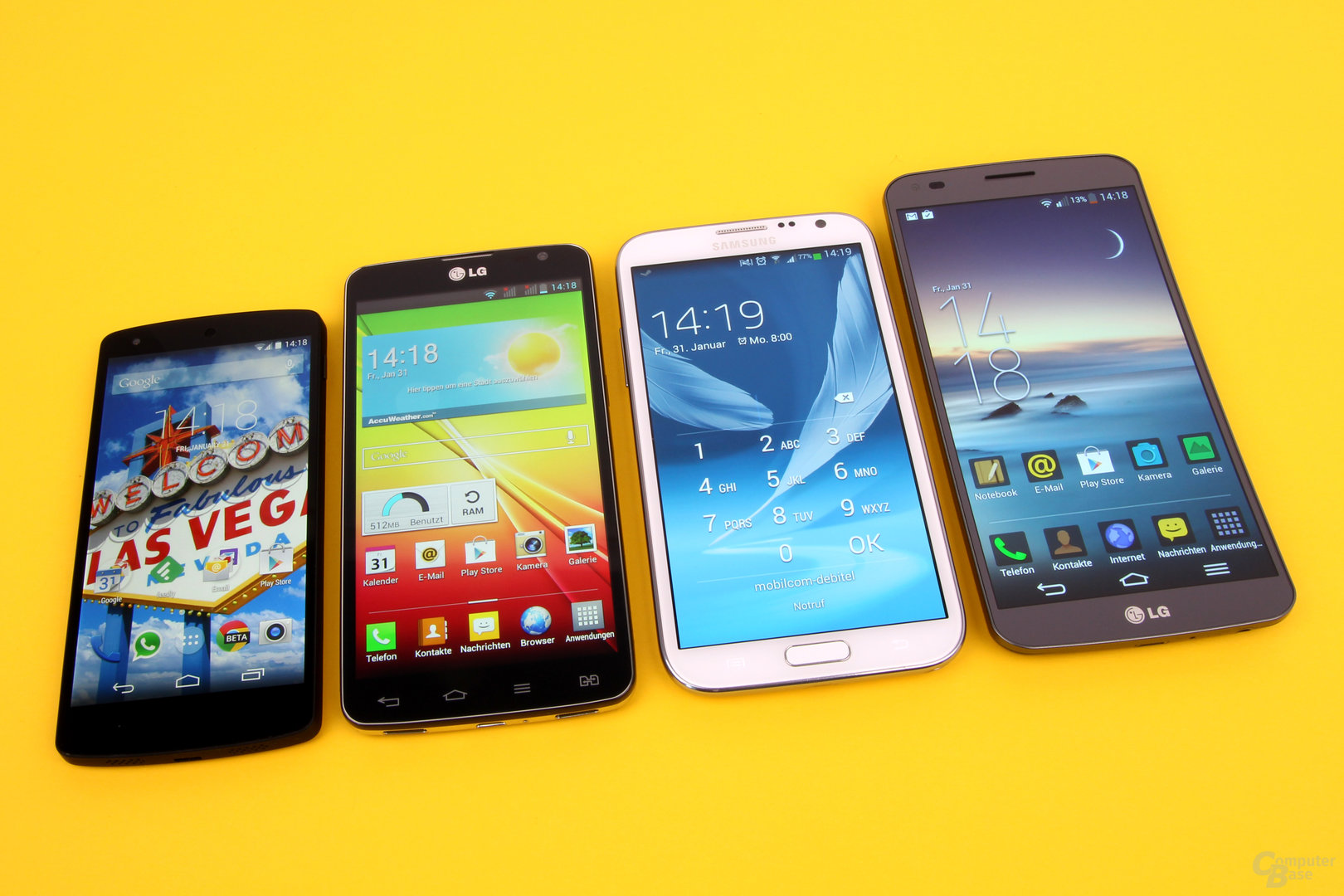 Größenvergleich: Google Nexus 5, LG G Pro Lite Dual, Samsung Galaxy Note II, LG G Flex