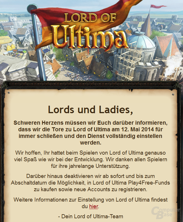 E-Mail an Spieler informiert über Abschaltung von Lord of Ultima