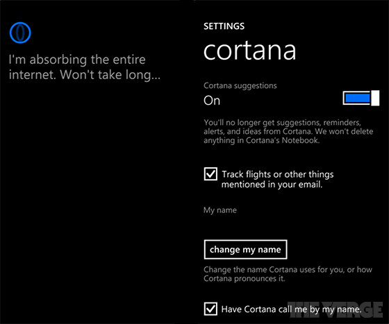 Screenshot der Einstellungen für „Cortana“