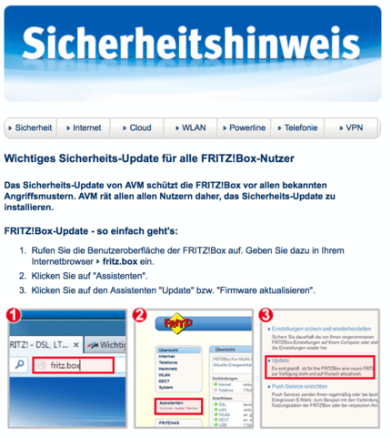 AVM ruft zum Updaten auf