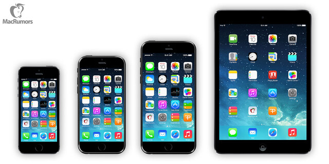 Von links nach rechts: iPhone 5S, iPhone 6 (4,7"), iPhone 6 (5,7"), iPad mini