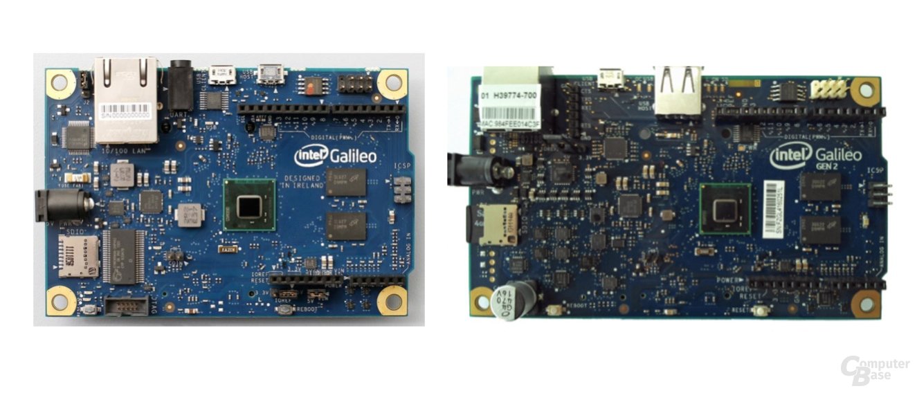 Intel Galileo Gen1 (links) und Gen2 (rechts)