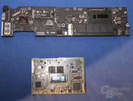 MacBook-Air-Mainboard (oben) vs. Core-M-Platine (unten)