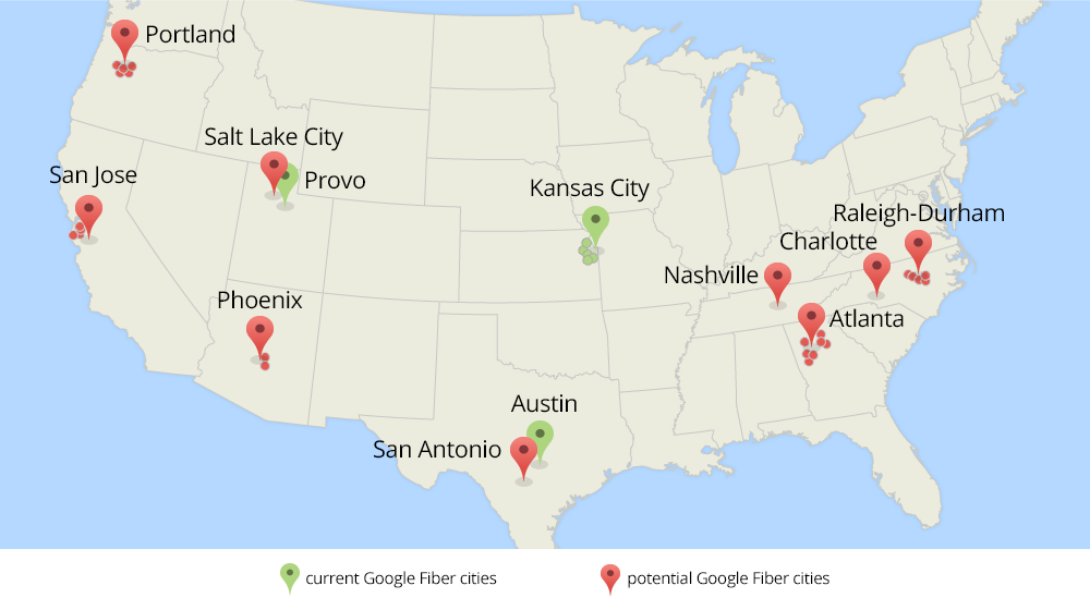 Aktuelle und potenzielle Standorte von Google Fiber