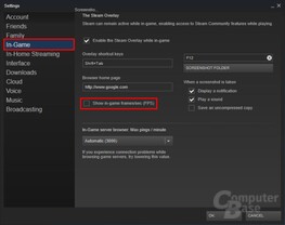 Die Checkbox für die FPS-Anzeige verbirgt sich in den Einstellungen