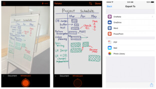 Whiteboard-Aufnahme vor und nach der Bearbeitung durch Office Lens und Export-Funktionen